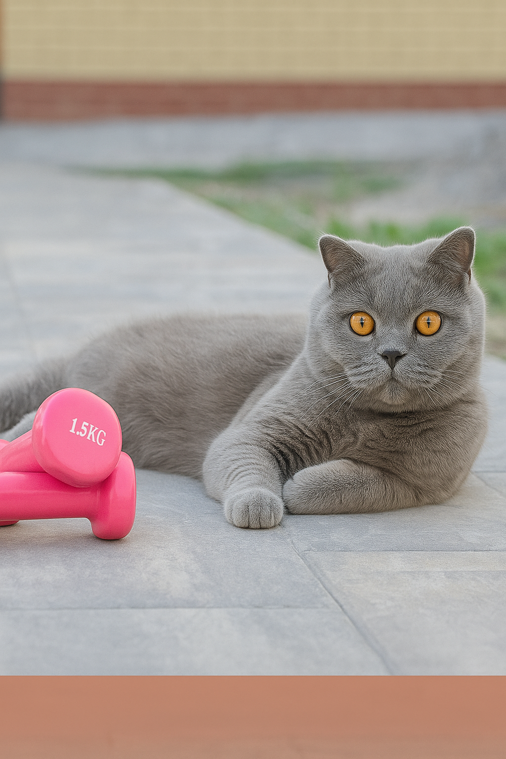 British Shorthair cat relaxing next to a dumbbell, appearing playful and active